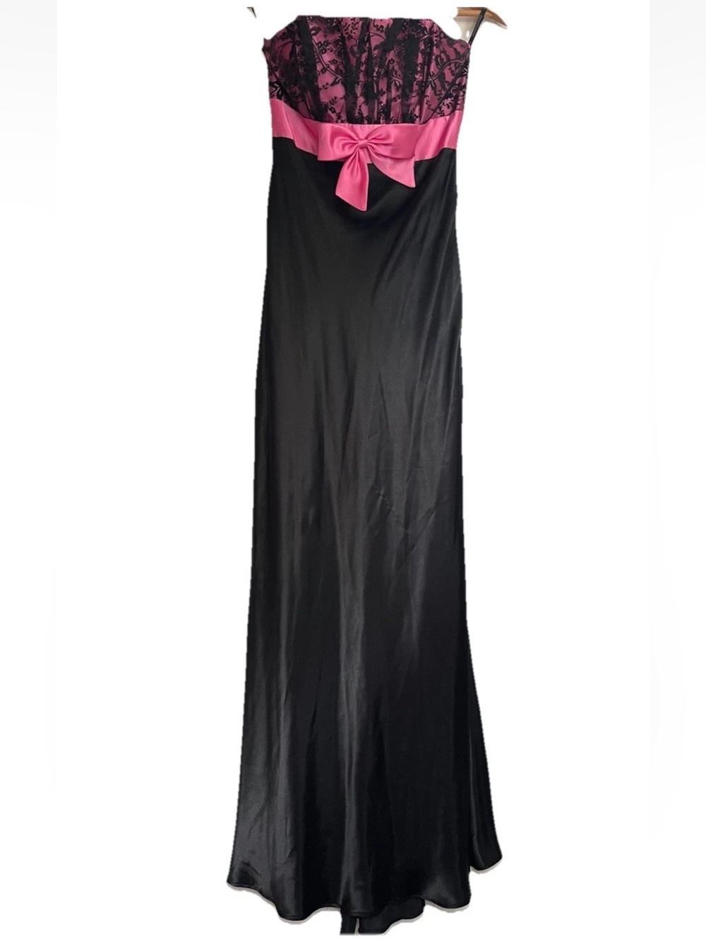 Jessica McClintock Gunne Sax Pink Black Lace Bow Satin Maxi Strapless Dress Gown